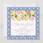 Save The Date Capri Aquarelle Citrons Rose Flores Bleu Blanc (Devant)