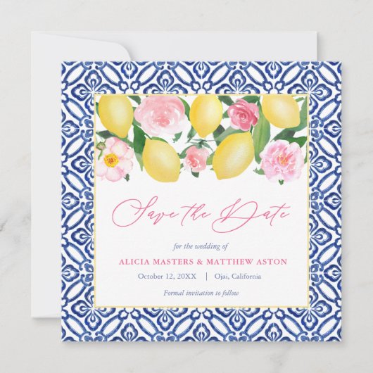 Save The Date Capri Aquarelle Citrons Rose Flores Bleu Blanc (Devant)