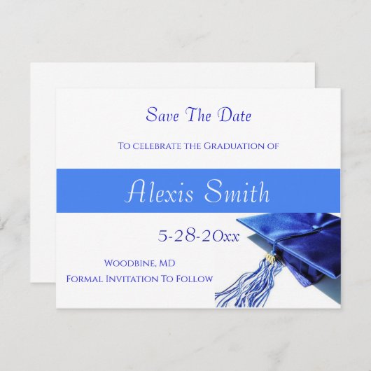 Save The Date Cards - Blue Graduation Cap (Devant / Derrière)