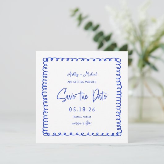Save The Date Carré français bleu Mariage (Debout devant)