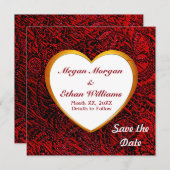 Save The Date Carré Gold Heart Frame & Red Fabric (Devant / Derrière)