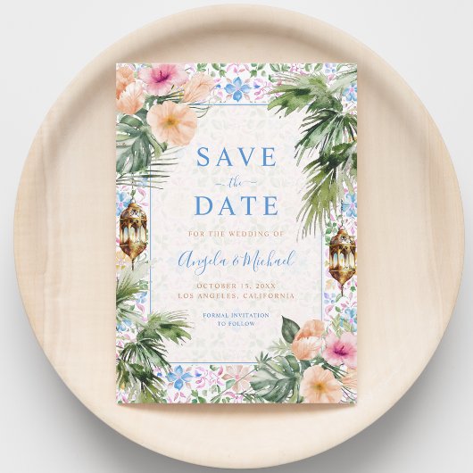 Save The Date Carreaux marocains Palm Tree & Mariage floral trop