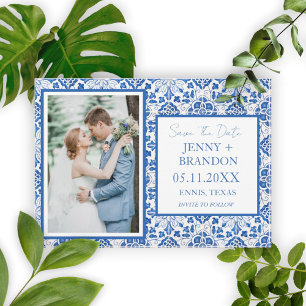 Save The Date Carreaux portugais Photo Mariage Bleu Blanc