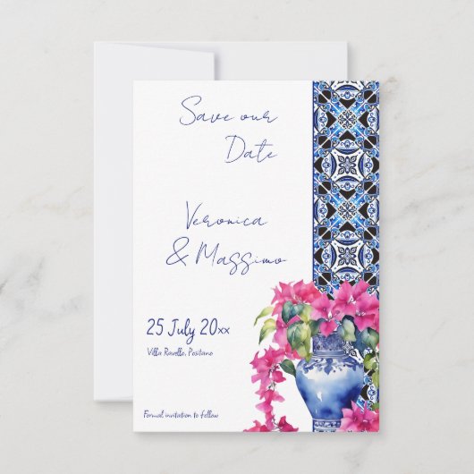Save The Date Carrelage bleu Bougainvillea mariage élégant (Devant)