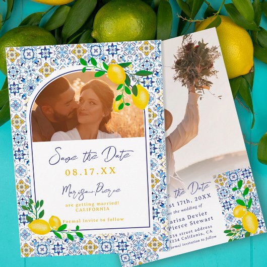 Save The Date Carrelage bleu italien aquarelle citron mariage