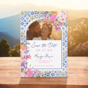 Save The Date Carrelage bleu italien aquarelle mariage floral