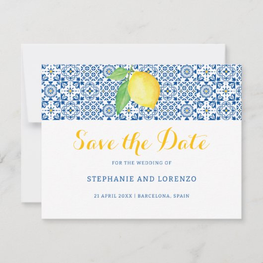 Save The Date Carrelage bleu méditerranéen Aquarelle Citron Mari (Devant)