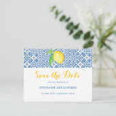 Save The Date Carrelage bleu méditerranéen Aquarelle Citron Mari (Debout devant)