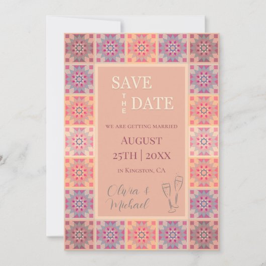 Save The Date Carrelage rose pastel mariage motif (Devant)