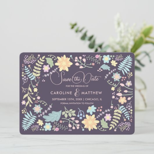 Save the date. Carte de Mariage rose violet (Debout devant)