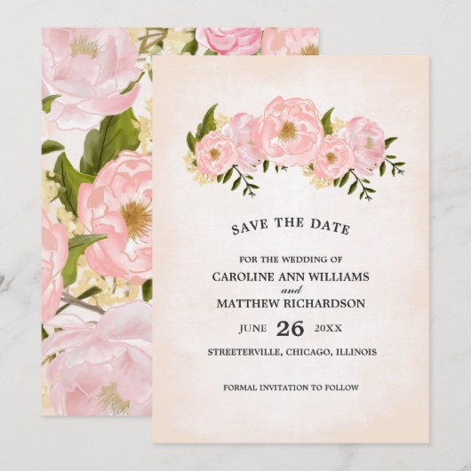 Save the date. Carte de pivoines roses (Devant / Derrière)