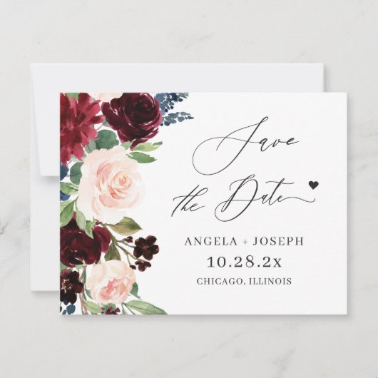 Save The Date (Carte postale numérique) Burgundy Blush Floral Ma (Devant)
