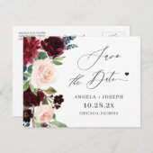 Save The Date (Carte postale numérique) Burgundy Blush Floral Ma (Devant / Derrière)