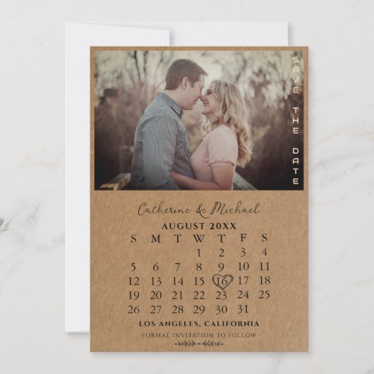 Save The Date Carton Brown rustique Calendrier de date photo sim (Devant)