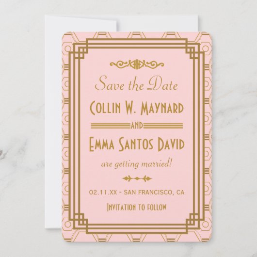 Save The Date Cartons d'invitation Art Déco rose à conserver la  (Devant)