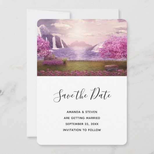 Save The Date Cascades et cerisiers autour d'un lac Mariage (Devant)