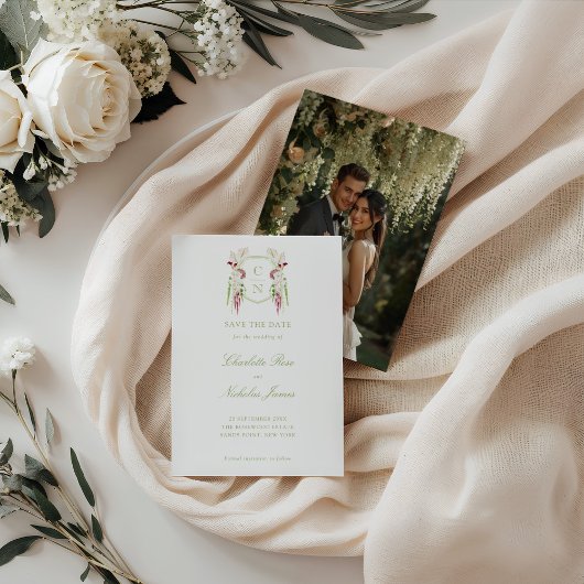 Save The Date Cascading Floral Monogram Crest Wedding