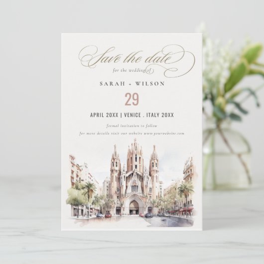Save The Date Cathédrale de Barcelone Espagne Mariage d'aquarell (Debout devant)