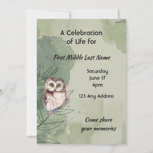 Save The Date Celebration of Life Service Cute Owl Bird (Dos)