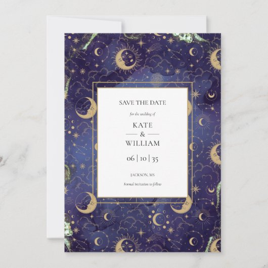 Save The Date Céleste Écrit Dans Les Étoiles Mariage Lune (Devant)
