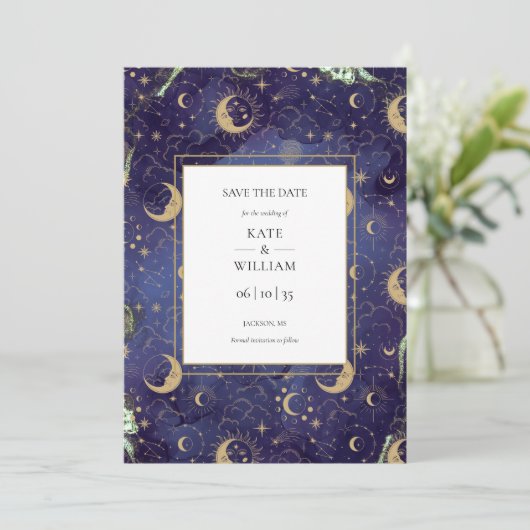 Save The Date Céleste Écrit Dans Les Étoiles Mariage Lune (Debout devant)