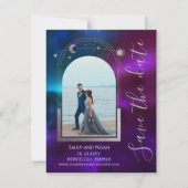 Save The Date Céleste violet Turquoise Sun Moon étoiles Mariage (Devant)