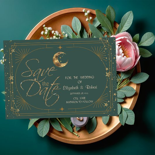 Save The Date Celestial Gold Moon Stars Frame Green