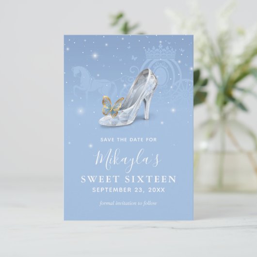 Save The Date Cendrillon Chaussure Bleu Or Douce 16 Anniversaire (Debout devant)