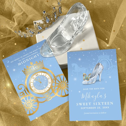 Save The Date Cendrillon Chaussure Bleu Or Douce 16 Anniversaire