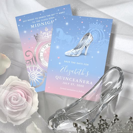 Save The Date Cendrillon élégante bleu clair et rose pour Quince