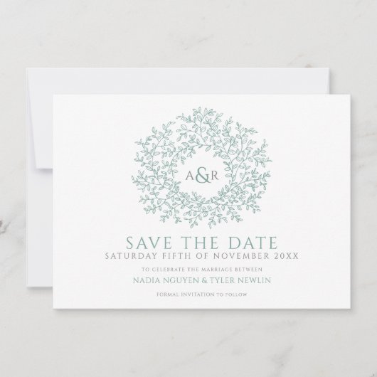 Save The Date Cercle de feuille sage vert mariage photo (Devant)