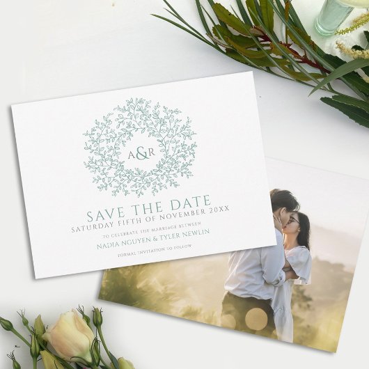 Save The Date Cercle de feuille sage vert mariage photo