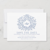 Save The Date Cercle feuille classique bleu blanc photo mariage (Devant)
