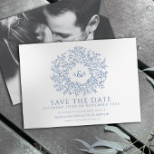 Save The Date Cercle feuille classique bleu blanc photo mariage