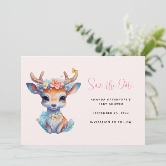 Save The Date Cerf de Bébé mignon avec Antlers et Fleurs (Debout devant)