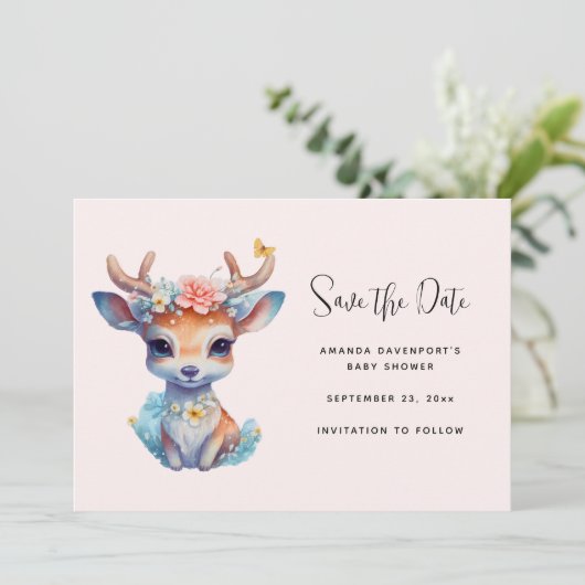 Save The Date Cerf de Bébé mignon avec Antlers et Fleurs (Debout devant)