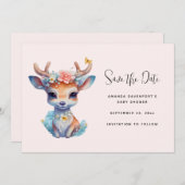 Save The Date Cerf de Bébé mignon avec Antlers et Fleurs (Devant / Derrière)