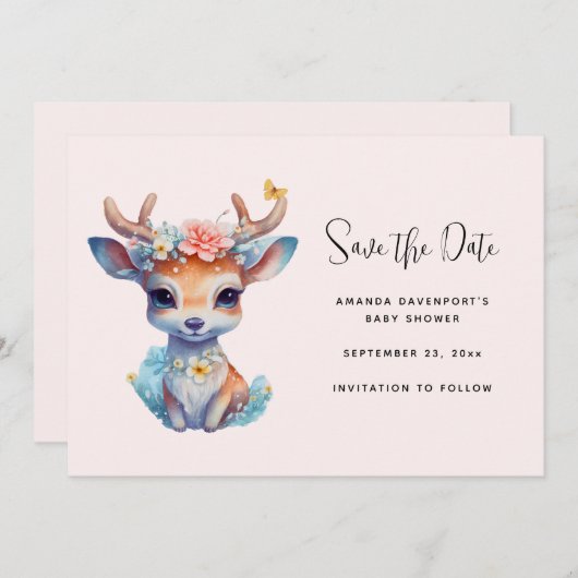 Save The Date Cerf de Bébé mignon avec Antlers et Fleurs (Devant / Derrière)