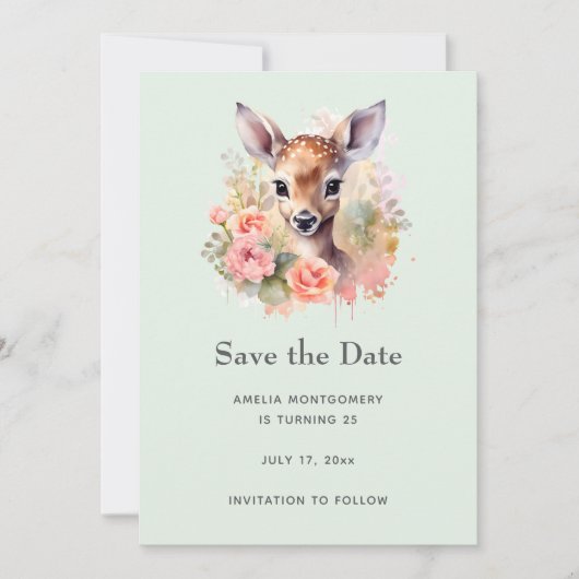 Save The Date Cerf Mignon Entouré de Roses (Devant)