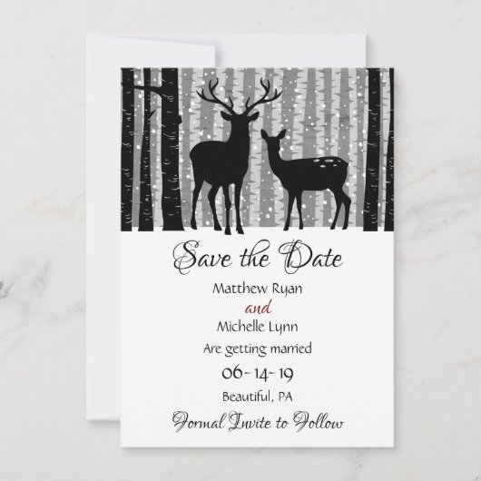 Save The Date Cerfs et arbres Mariage rustique de bois d'hiver (Devant)