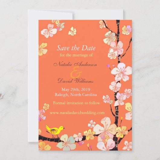 Save The Date Cerisier Fleur Oiseau Orange Mariage Enregistrer l (Devant)