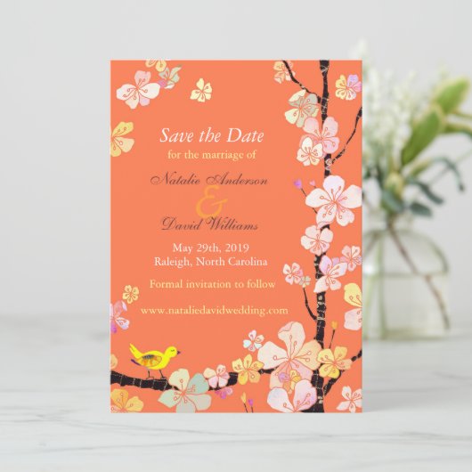 Save The Date Cerisier Fleur Oiseau Orange Mariage Enregistrer l (Debout devant)