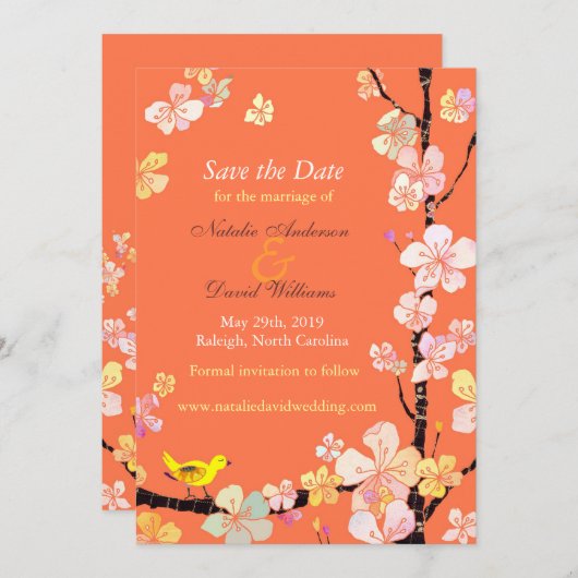 Save The Date Cerisier Fleur Oiseau Orange Mariage Enregistrer l (Devant / Derrière)