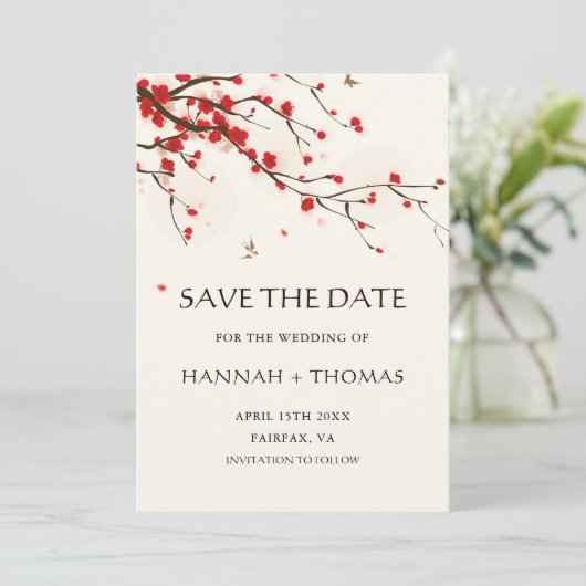 Save The Date Cerisiers en fleurs d'aquarelle mariage Enregistre (Debout devant)