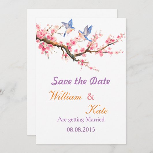 Save The Date Cerisiers en fleurs et oiseaux bleus Enregistrer l (Devant / Derrière)