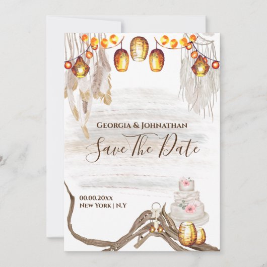 Save The Date Chaîne Boho lumières macrame plumes gâteau chic (Devant)