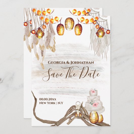 Save The Date Chaîne Boho lumières macrame plumes gâteau chic (Devant / Derrière)
