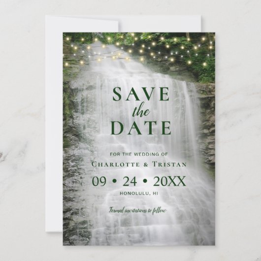 Save The Date Chaîne de cascade éclaire le Mariage de forêt rust (Devant)