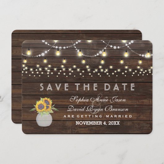 Save The Date Chaîne de tournesols Lumières Bois ancien Enregist (Devant / Derrière)