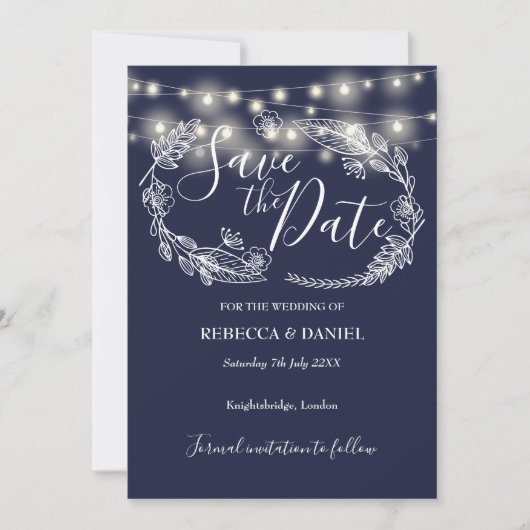 Save The Date Chaîne éclaire Floral Marine Mariage bleu (Devant)